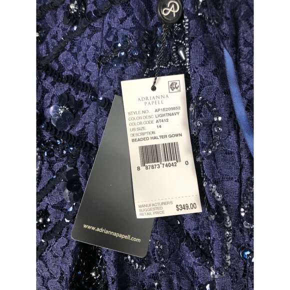 ADRIANNA PAPELL BEADED HALTER GOWN LIGHT NAVY Sz 14 - Picture 9 of 16